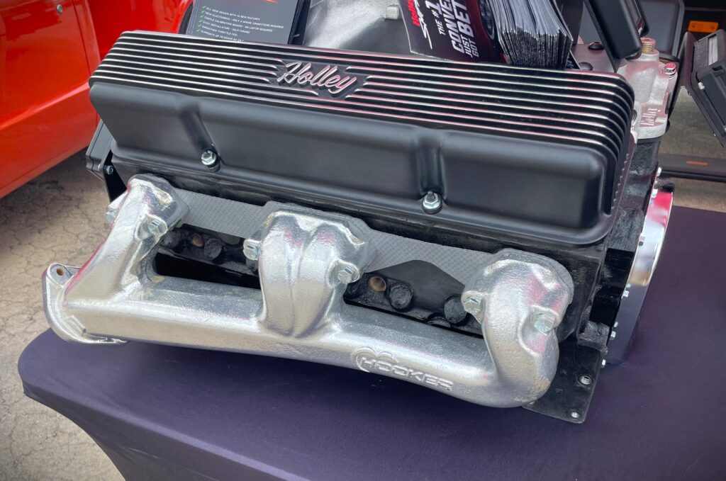 Holley valve covers on a mockup engine on display